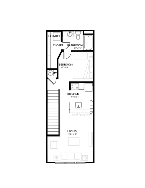 Floor plan for studio, 1 bath, 623 sqft